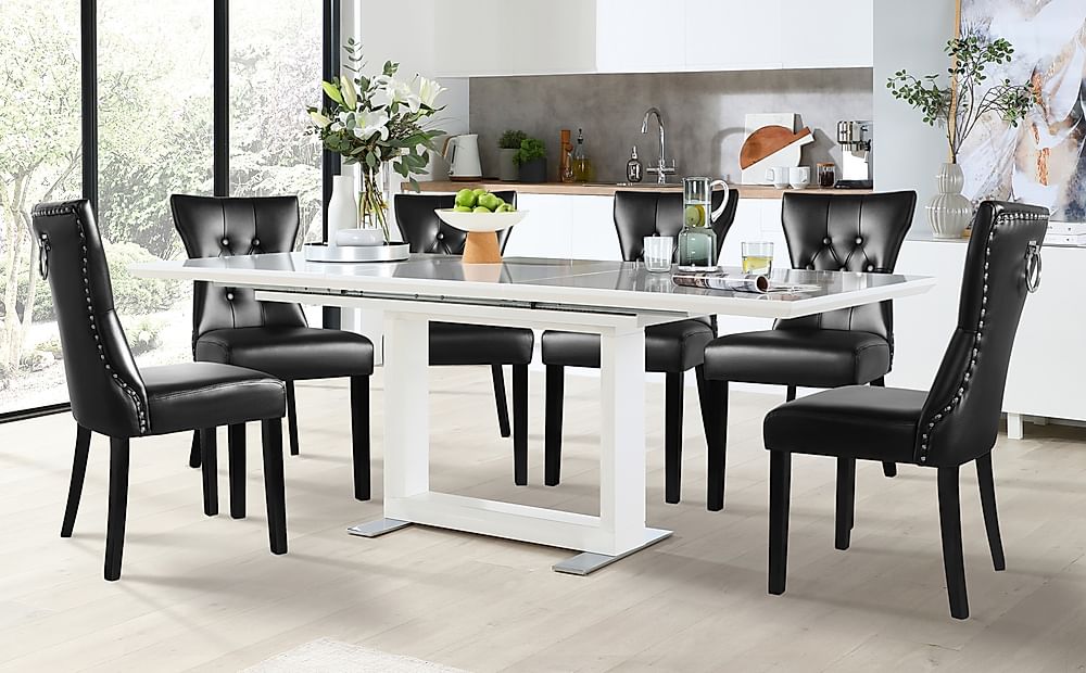 Tokyo Extending Dining Table & 6 Kensington Chairs, White High Gloss, Black Classic Faux Leather & Black Solid Hardwood, 160-220cm