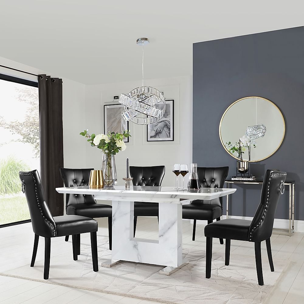 Florence Extending Dining Table & 4 Kensington Chairs, White Marble Effect, Black Classic Faux Leather & Black Solid Hardwood, 120-160cm