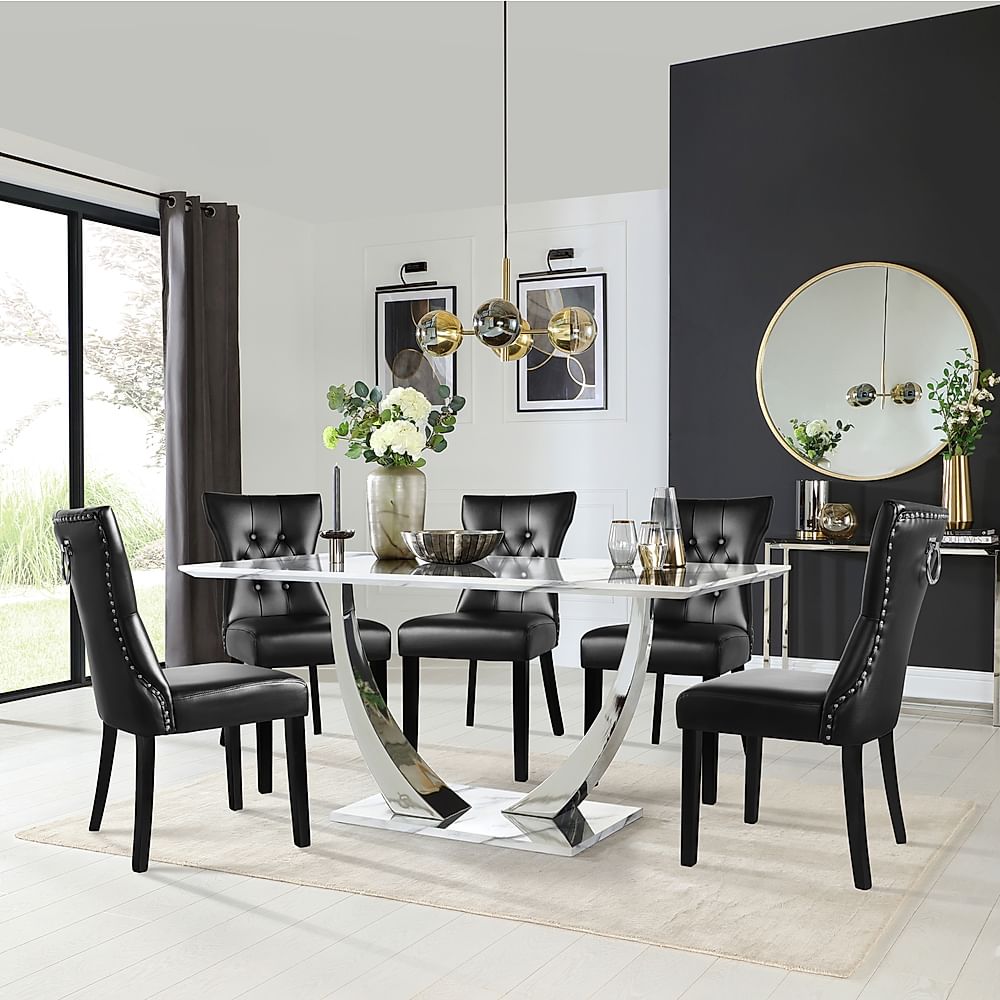 Peake Dining Table & 6 Kensington Chairs, White Marble Effect & Chrome, Black Classic Faux Leather & Black Solid Hardwood, 160cm