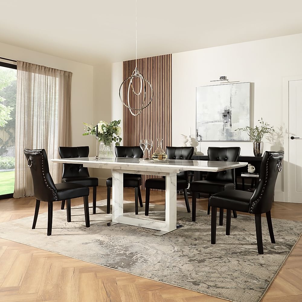 Tokyo Extending Dining Table & 4 Kensington Chairs, White Marble Effect, Black Premium Faux Leather & Black Solid Hardwood, 160-220cm