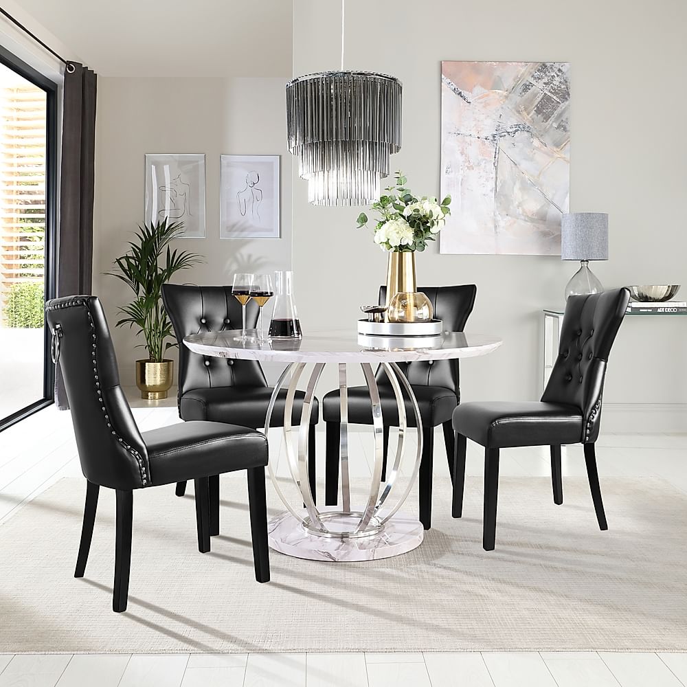 Savoy Round Dining Table & 4 Kensington Chairs, Grey Marble Effect & Chrome, Black Classic Faux Leather & Black Solid Hardwood, 120cm
