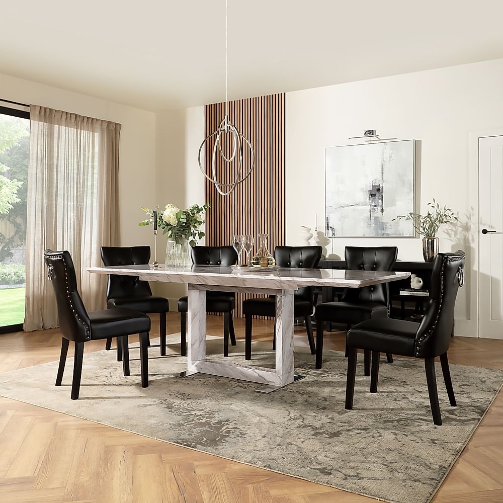 Tokyo Extending Dining Table & 6 Kensington Chairs, Grey Marble Effect, Black Classic Faux Leather & Black Solid Hardwood, 160-220cm
