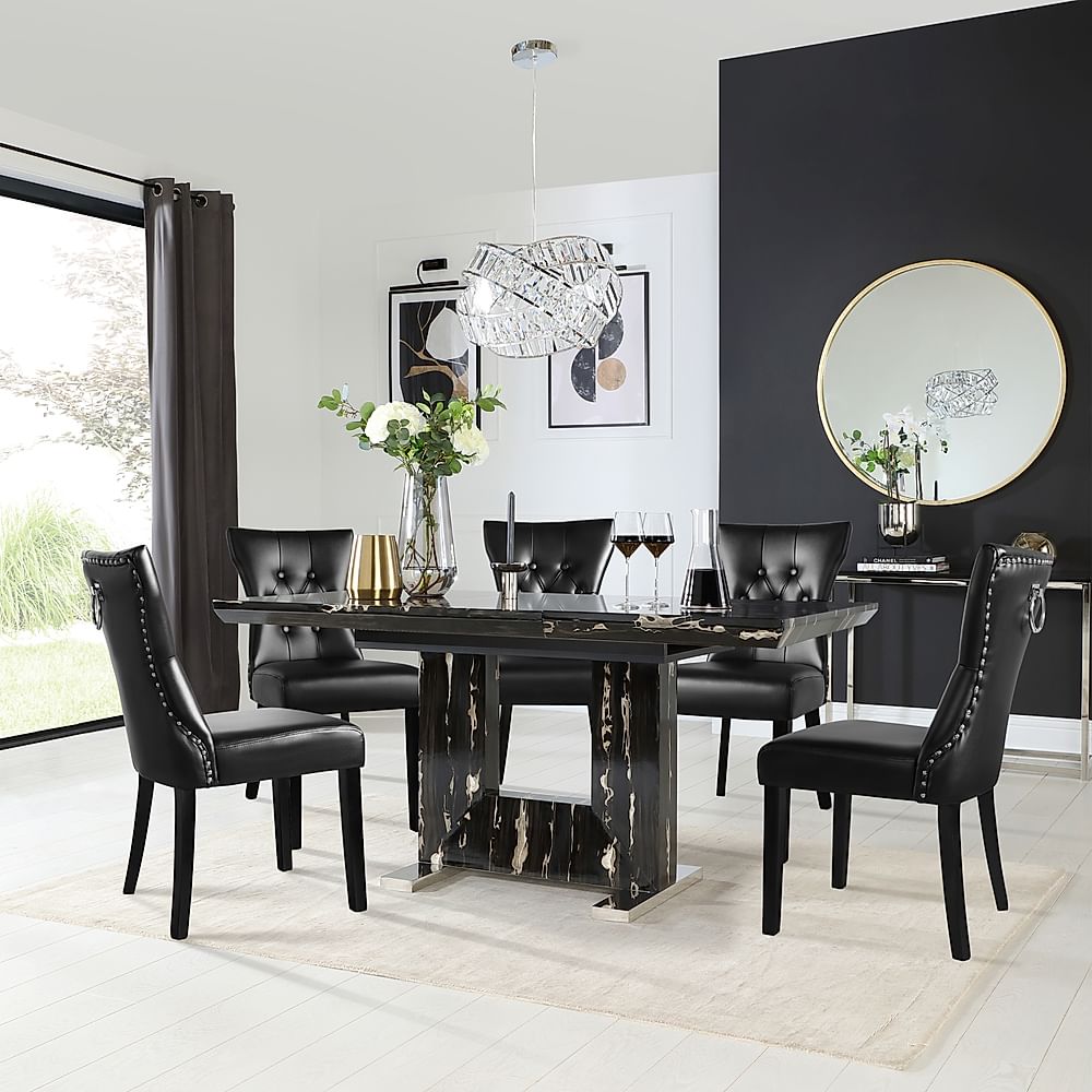 Florence Extending Dining Table & 6 Kensington Chairs, Black Marble Effect, Black Classic Faux Leather & Black Solid Hardwood, 120-160cm