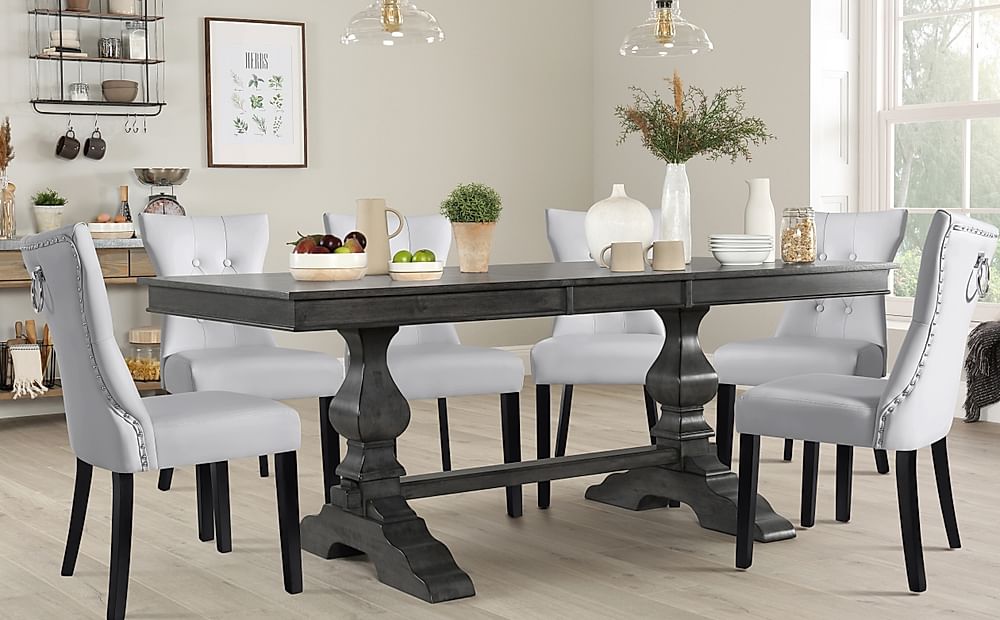 Cavendish Extending Dining Table & 4 Kensington Chairs, Grey Oak Veneer & Solid Hardwood, Light Grey Classic Faux Leather & Black Solid Hardwood, 160-200cm