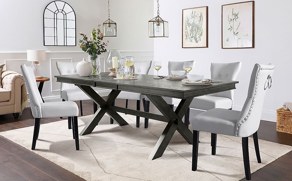 Grange Extending Dining Table & 6 Kensington Chairs, Grey Oak Veneer & Solid Hardwood, Light Grey Classic Faux Leather & Black Solid Hardwood, 180-220cm