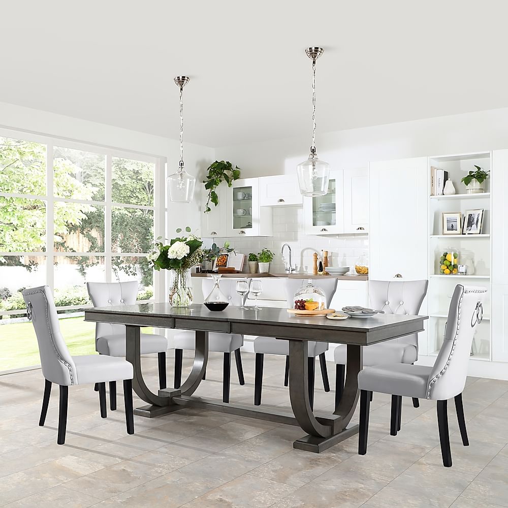 Pavilion Extending Dining Table & 4 Kensington Chairs, Grey Oak Veneer & Solid Hardwood, Light Grey Classic Faux Leather & Black Solid Hardwood, 180-225cm