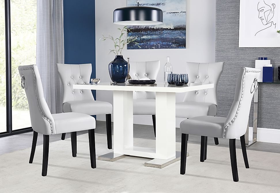 Joule Dining Table & 6 Kensington Chairs, White High Gloss, Light Grey Classic Faux Leather & Black Solid Hardwood, 120cm