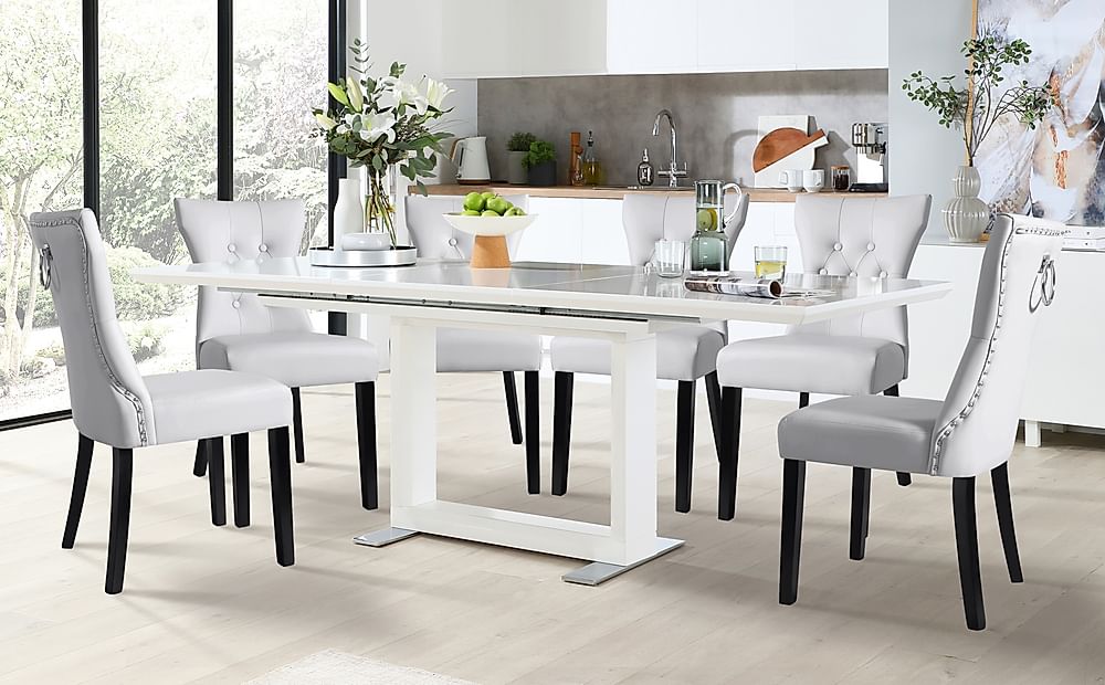 Tokyo Extending Dining Table & 4 Kensington Chairs, White High Gloss, Light Grey Classic Faux Leather & Black Solid Hardwood, 160-220cm