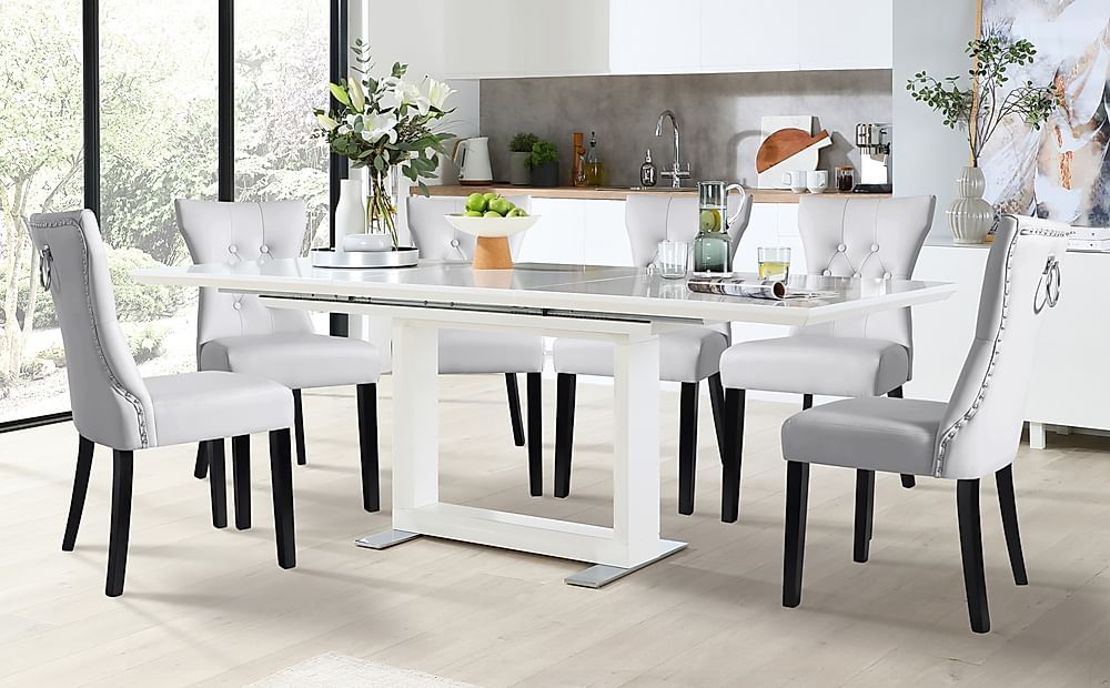 Tokyo Extending Dining Table & 6 Kensington Chairs, White High Gloss, Light Grey Classic Faux Leather & Black Solid Hardwood, 160-220cm