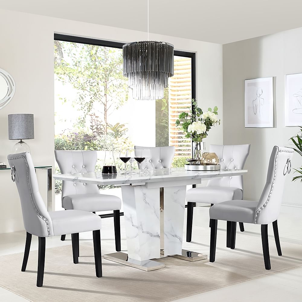 Vienna Extending Dining Table & 6 Kensington Chairs, White Marble Effect, Light Grey Classic Faux Leather & Black Solid Hardwood, 120-160cm