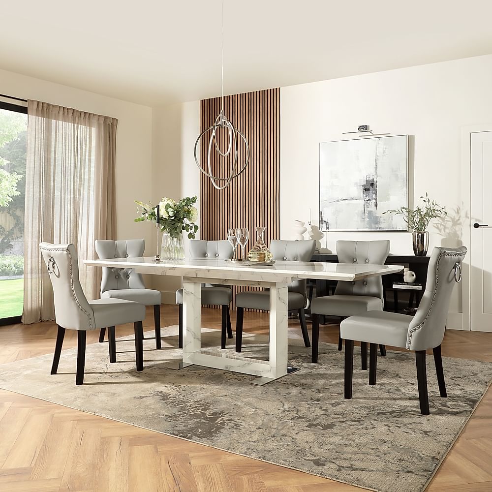 Tokyo Extending Dining Table & 4 Kensington Chairs, White Marble Effect, Light Grey Classic Faux Leather & Black Solid Hardwood, 160-220cm