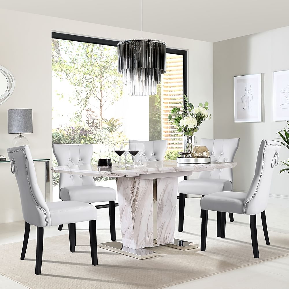 Vienna Extending Dining Table & 4 Kensington Chairs, Grey Marble Effect, Light Grey Classic Faux Leather & Black Solid Hardwood, 120-160cm