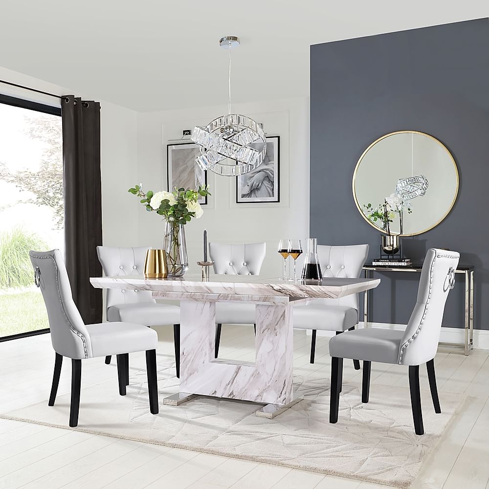 Florence Extending Dining Table & 4 Kensington Chairs, Grey Marble Effect, Light Grey Classic Faux Leather & Black Solid Hardwood, 120-160cm