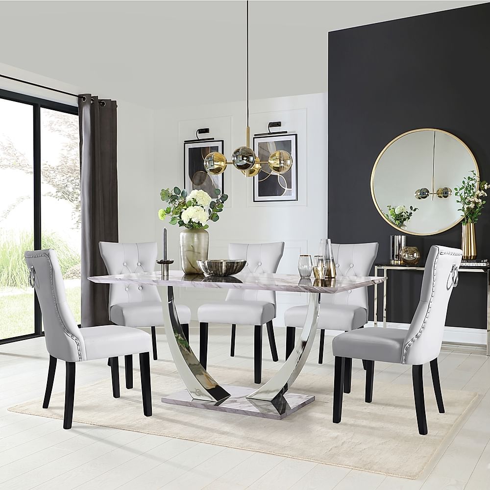 Peake Dining Table & 6 Kensington Chairs, Grey Marble Effect & Chrome, Light Grey Classic Faux Leather & Black Solid Hardwood, 160cm