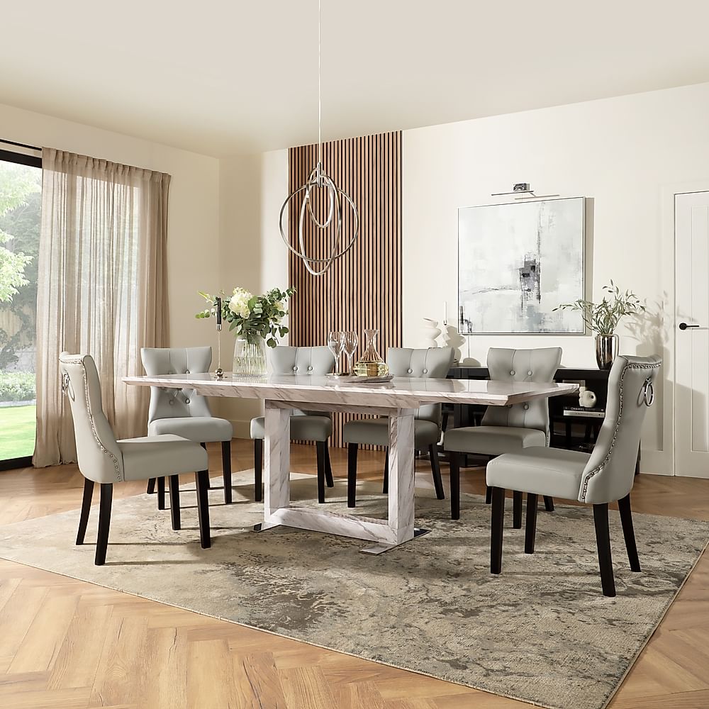 Tokyo Extending Dining Table & 8 Kensington Chairs, Grey Marble Effect, Light Grey Classic Faux Leather & Black Solid Hardwood, 160-220cm