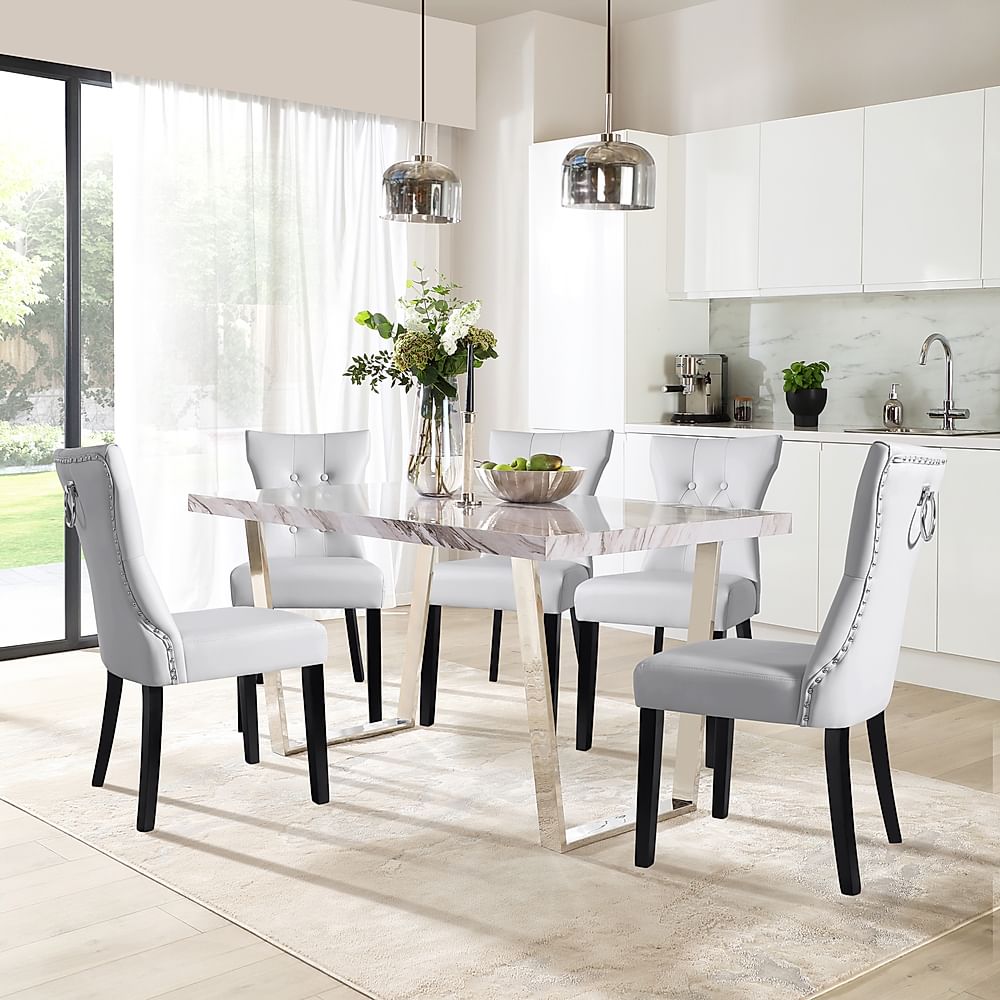 Milento Dining Table & 6 Kensington Chairs, Grey Marble Effect & Chrome, Light Grey Classic Faux Leather & Black Solid Hardwood, 150cm