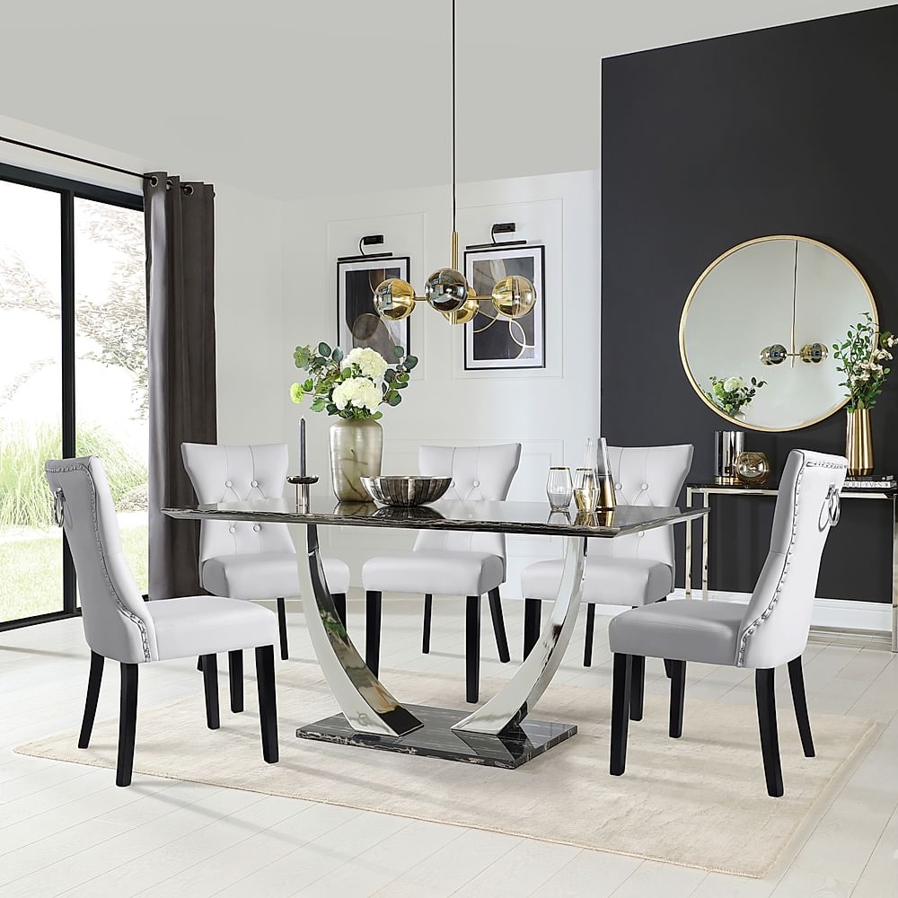 Peake Dining Table & 4 Kensington Chairs, Black Marble Effect & Chrome, Light Grey Classic Faux Leather & Black Solid Hardwood, 160cm