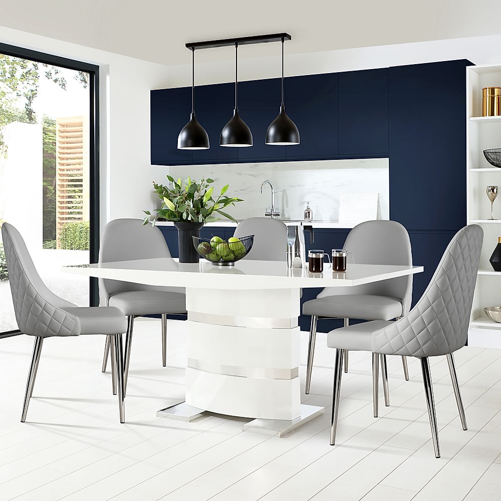 Komoro Dining Table & 4 Ricco Chairs, White High Gloss & Chrome, Light Grey Premium Faux Leather, 160cm