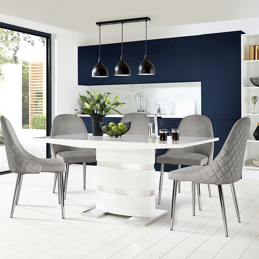Komoro Dining Table & 4 Ricco Chairs, White High Gloss & Chrome, Grey Classic Velvet, 160cm