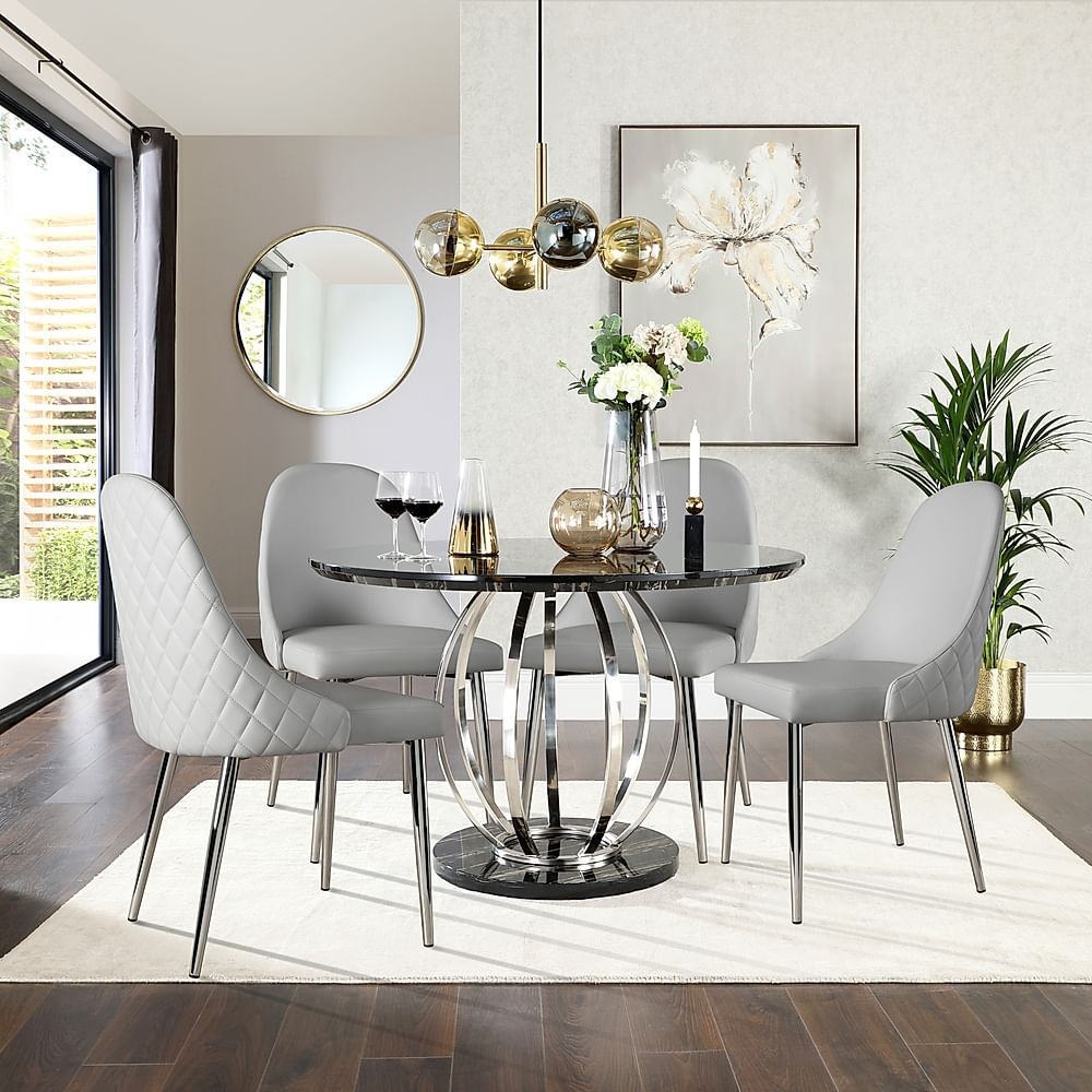 Savoy Round Dining Table & 4 Ricco Chairs, Black Marble Effect & Chrome, Light Grey Premium Faux Leather, 120cm