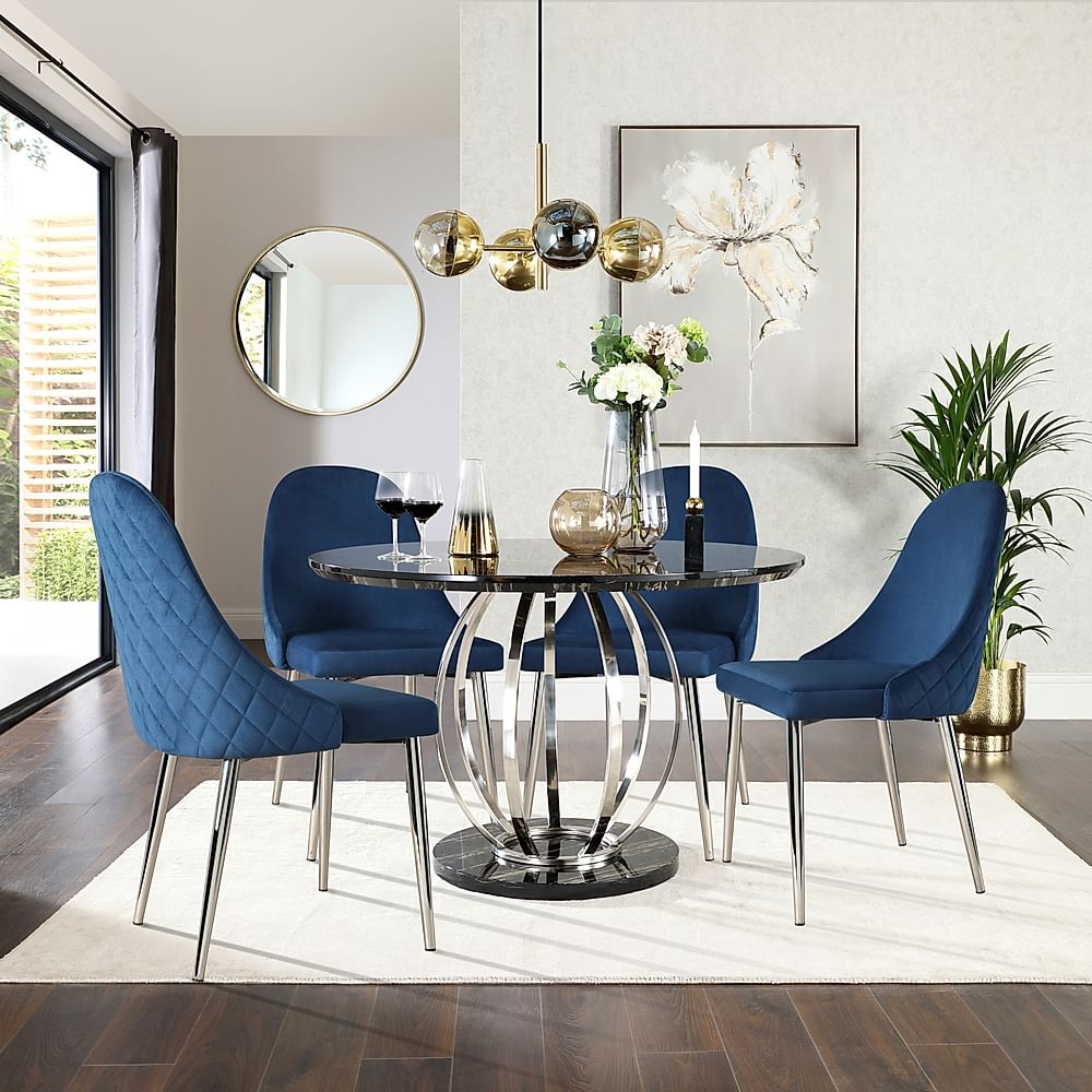Savoy Round Dining Table & 4 Ricco Chairs, Black Marble Effect & Chrome, Blue Classic Velvet, 120cm