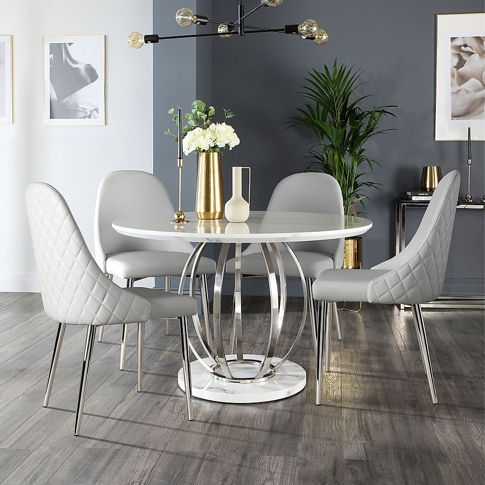 Savoy Round Dining Table & 4 Ricco Chairs, White Marble Effect & Chrome, Light Grey Premium Faux Leather, 120cm