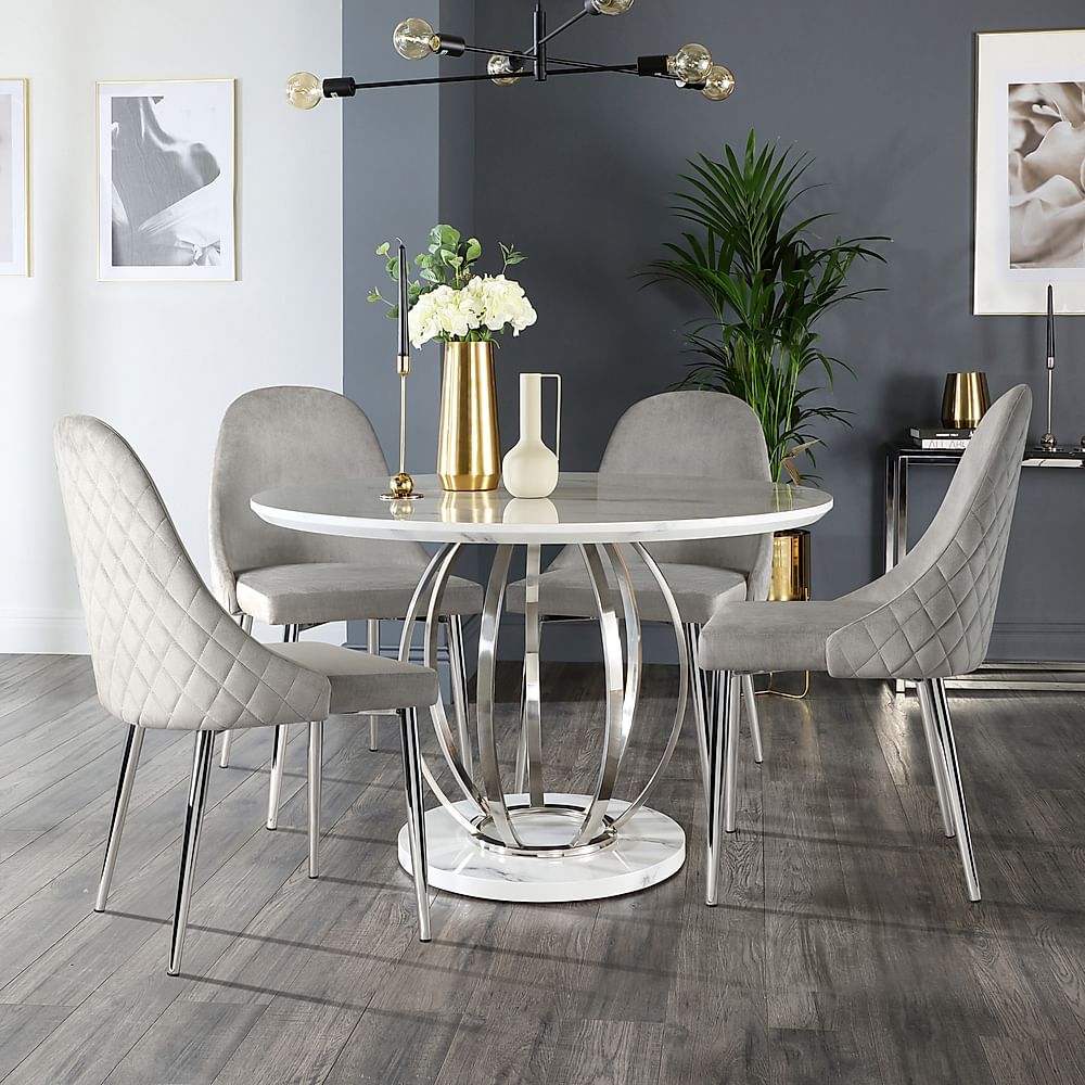 Savoy Round Dining Table & 4 Ricco Chairs, White Marble Effect & Chrome, Grey Classic Velvet, 120cm