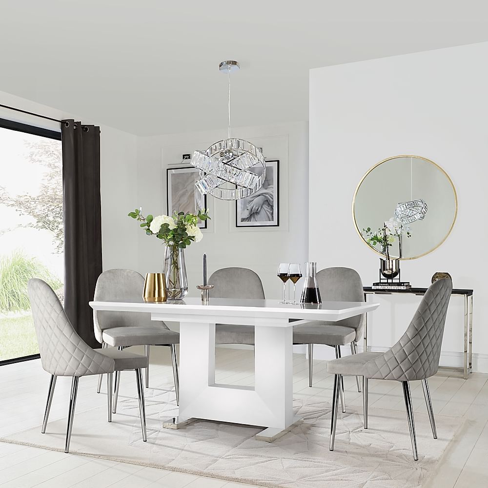 Florence Extending Dining Table & 6 Ricco Chairs, White High Gloss, Grey Classic Velvet & Chrome, 120-160cm