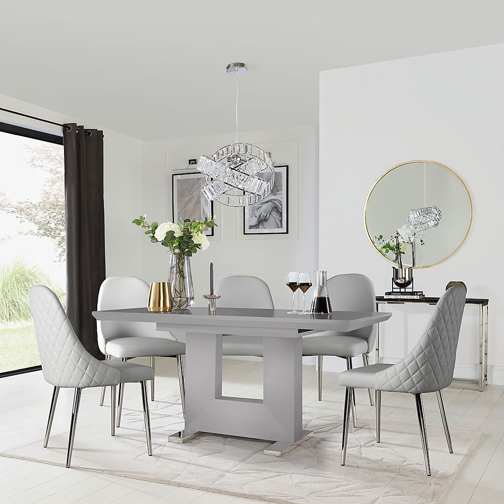 Florence Extending Dining Table & 4 Ricco Chairs, Grey High Gloss, Light Grey Premium Faux Leather & Chrome, 120-160cm