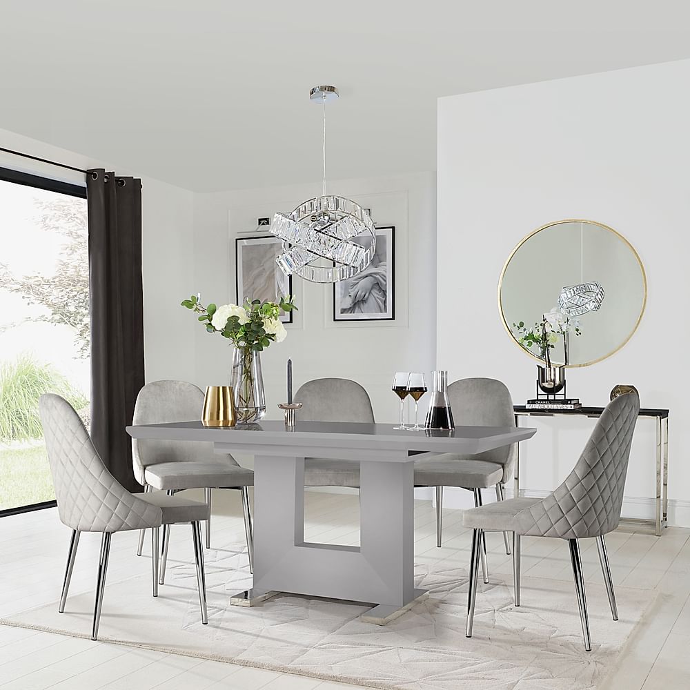 Florence Extending Dining Table & 6 Ricco Chairs, Grey High Gloss, Grey Classic Velvet & Chrome, 120-160cm