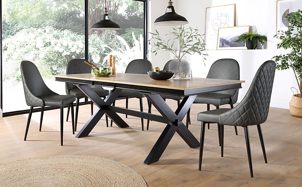 Grange Extending Dining Table & 8 Ricco Chairs, Natural Oak Veneer & Black Solid Hardwood, Vintage Grey Premium Faux Leather & Black Steel, 180-220cm