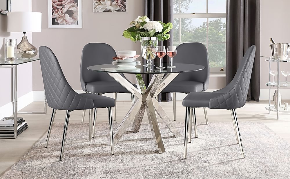Plaza Round Dining Table & 4 Ricco Chairs, Glass & Chrome, Grey Premium Faux Leather, 110cm