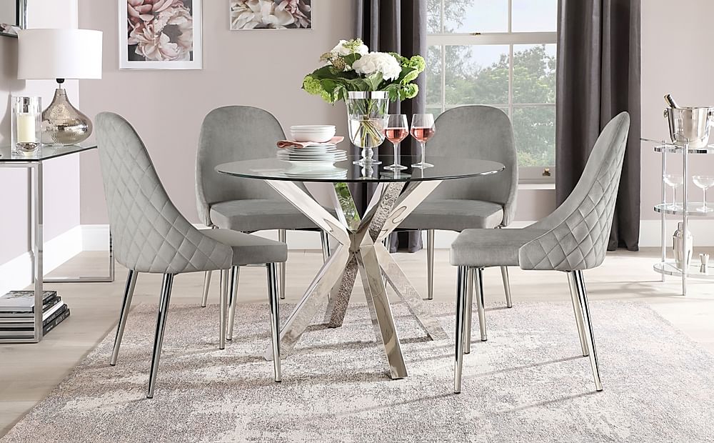 Plaza Round Dining Table & 4 Ricco Chairs, Glass & Chrome, Grey Classic Velvet, 110cm