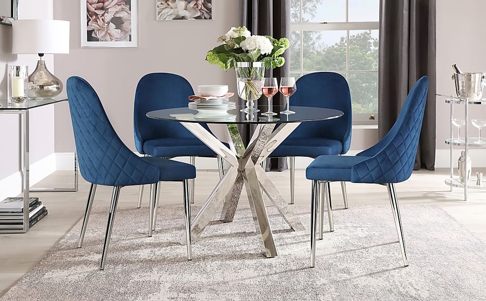 Plaza Round Dining Table & 4 Ricco Chairs, Glass & Chrome, Blue Classic Velvet, 110cm