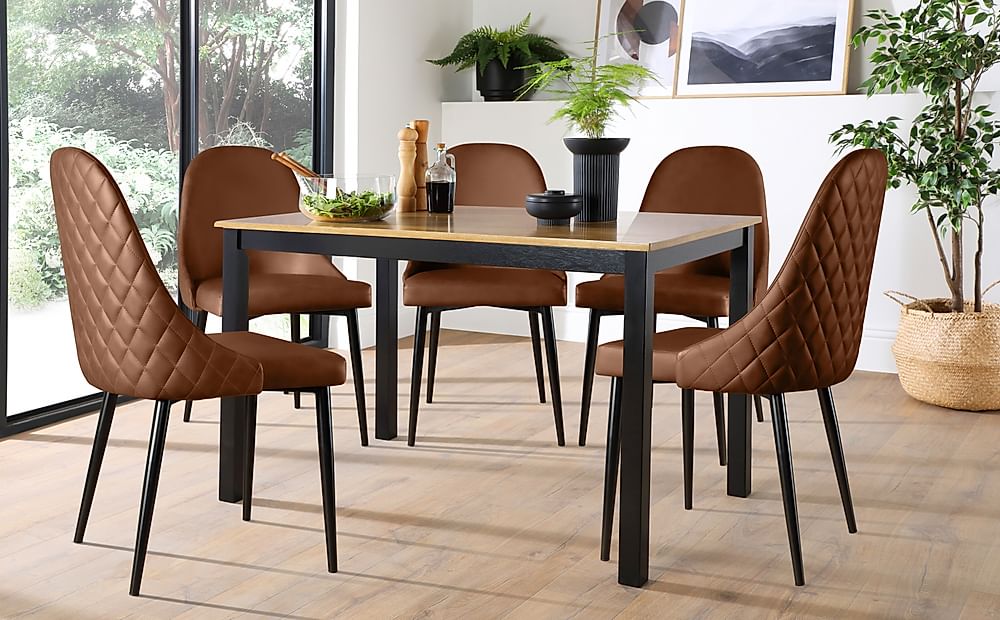 Milton Dining Table & 6 Ricco Chairs, Natural Oak Finish & Black Solid Hardwood, Tan Premium Faux Leather & Black Steel, 120cm