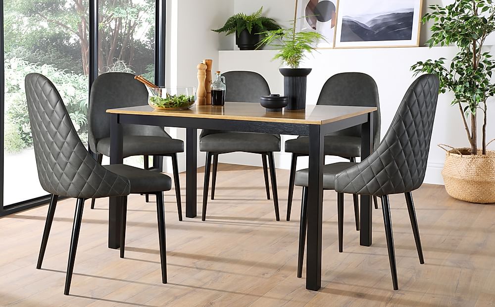 Milton Dining Table & 4 Ricco Chairs, Natural Oak Finish & Black Solid Hardwood, Vintage Grey Premium Faux Leather & Black Steel, 120cm