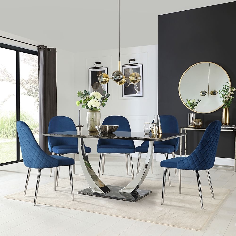 Peake Dining Table & 6 Ricco Chairs, Black Marble Effect & Chrome, Blue Classic Velvet, 160cm