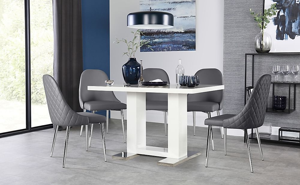 Joule Dining Table & 6 Ricco Chairs, White High Gloss, Grey Premium Faux Leather & Chrome, 120cm