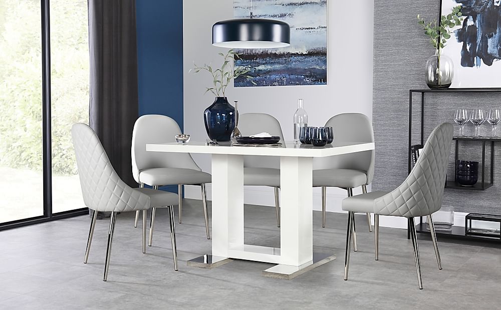 Joule Dining Table & 4 Ricco Chairs, White High Gloss, Light Grey Premium Faux Leather & Chrome, 120cm