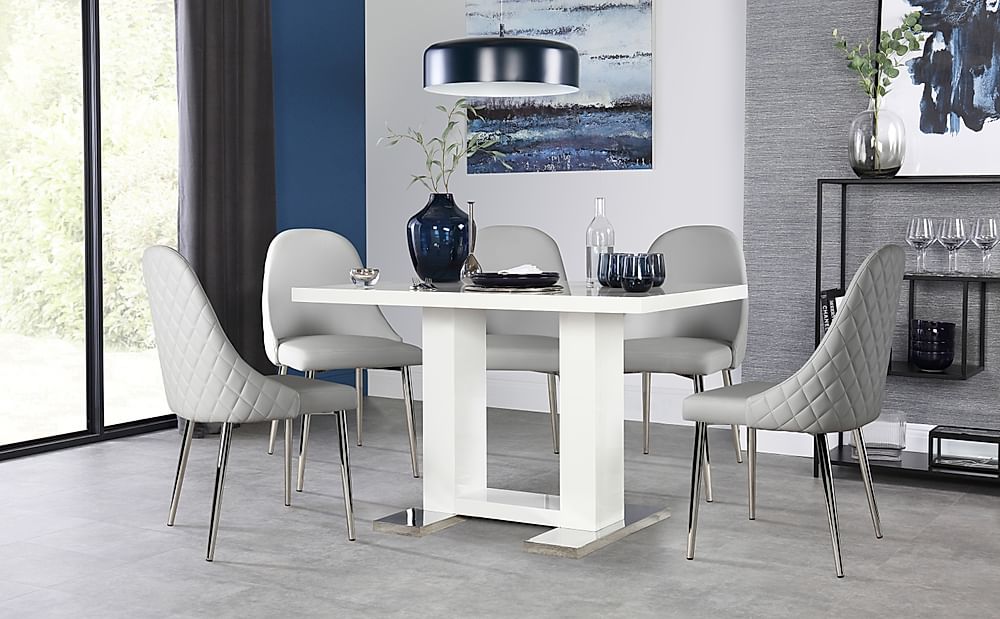 Joule Dining Table & 6 Ricco Chairs, White High Gloss, Light Grey Premium Faux Leather & Chrome, 120cm