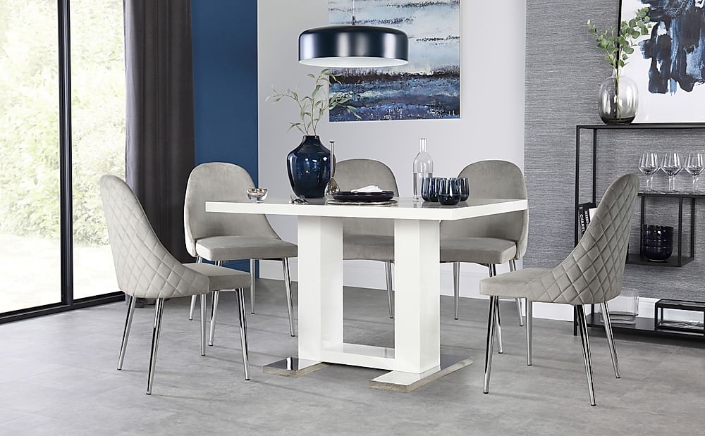 Joule Dining Table & 6 Ricco Chairs, White High Gloss, Grey Classic Velvet & Chrome, 120cm