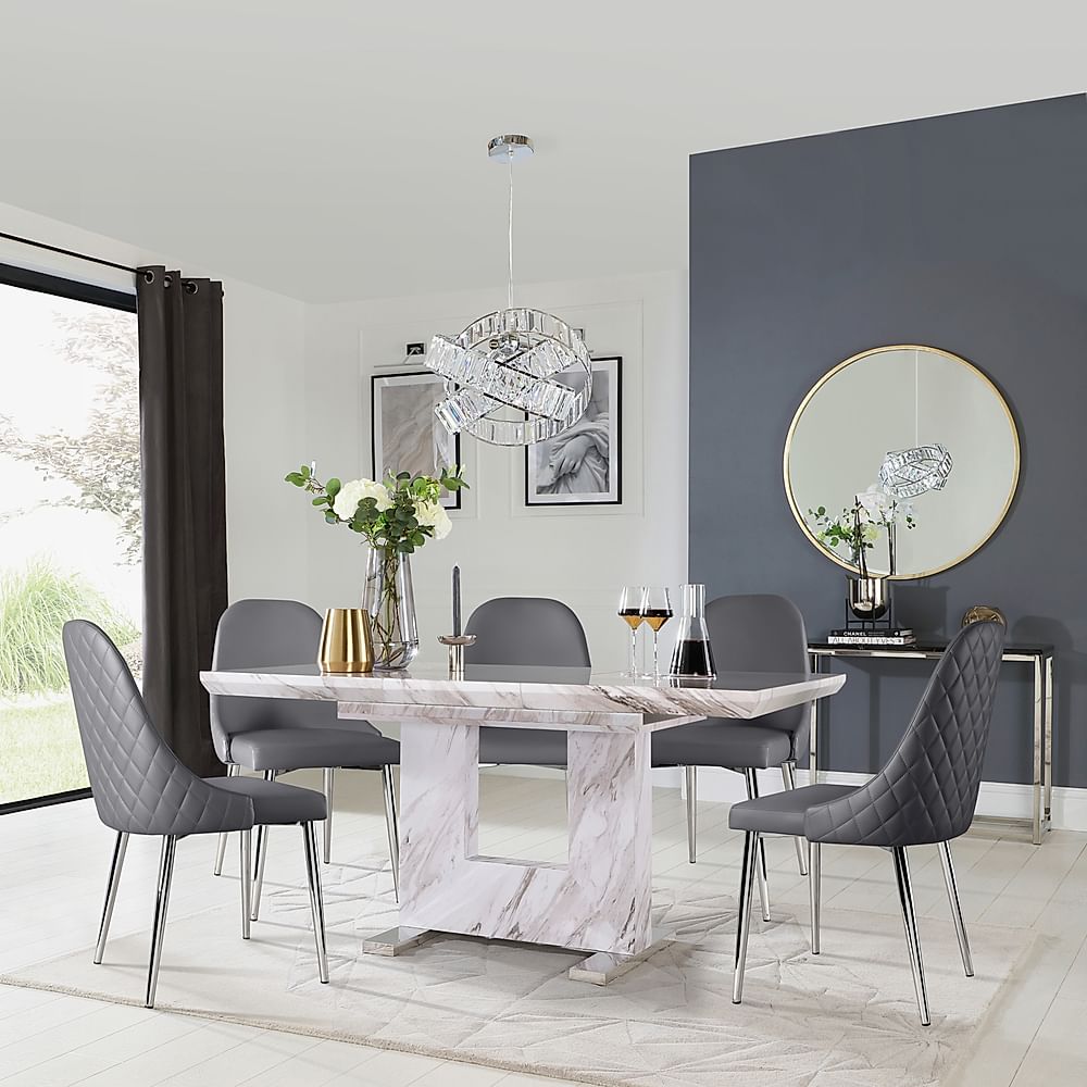 Florence Extending Dining Table & 4 Ricco Chairs, Grey Marble Effect, Grey Premium Faux Leather & Chrome, 120-160cm