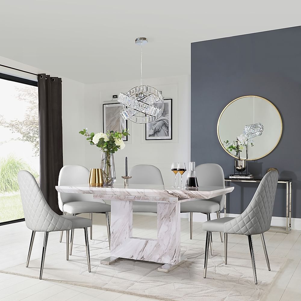 Florence Extending Dining Table & 4 Ricco Chairs, Grey Marble Effect, Light Grey Premium Faux Leather & Chrome, 120-160cm