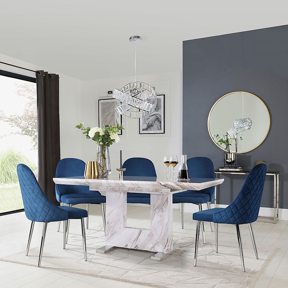 Florence Extending Dining Table & 6 Ricco Chairs, Grey Marble Effect, Blue Classic Velvet & Chrome, 120-160cm