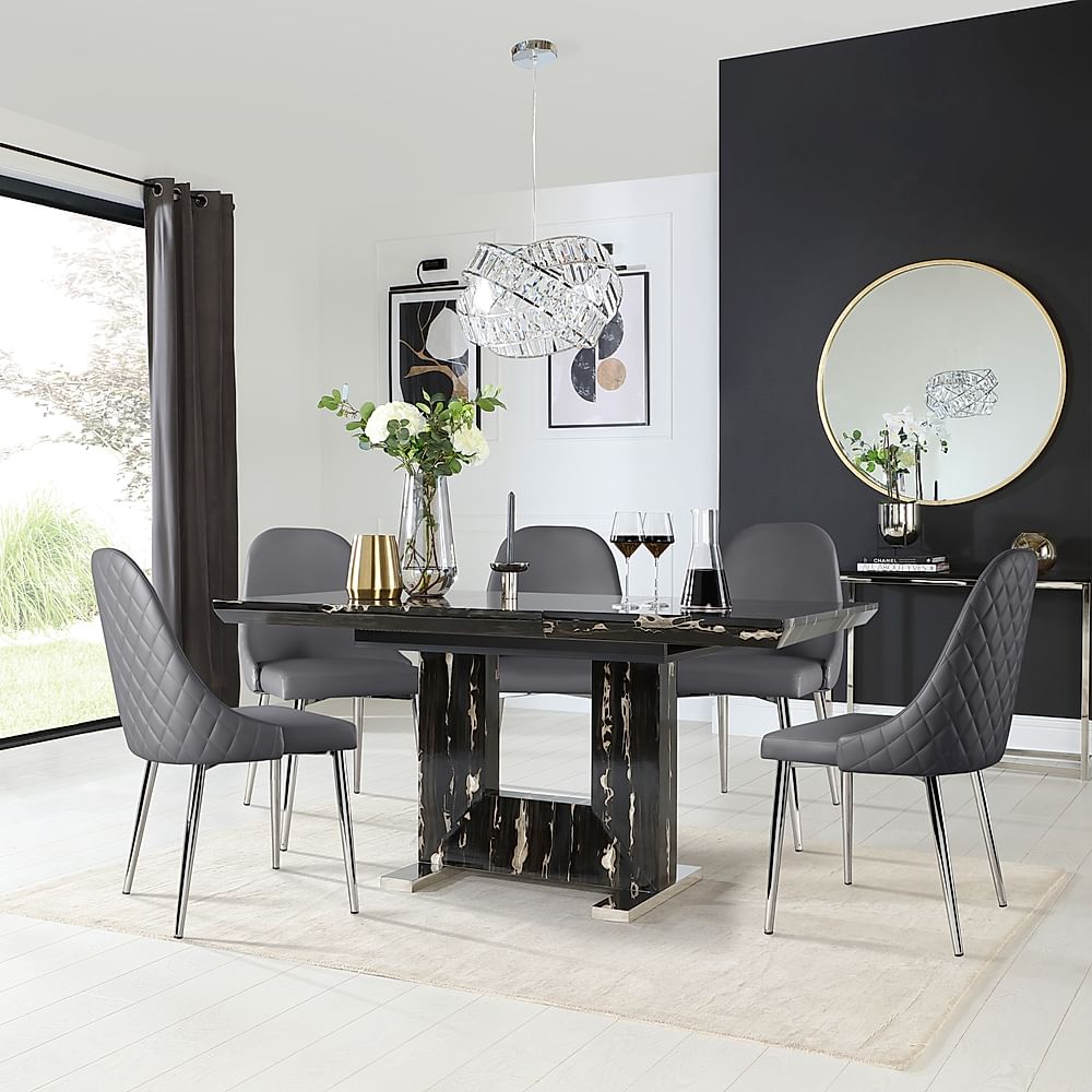 Florence Extending Dining Table & 6 Ricco Chairs, Black Marble Effect, Grey Premium Faux Leather & Chrome, 120-160cm