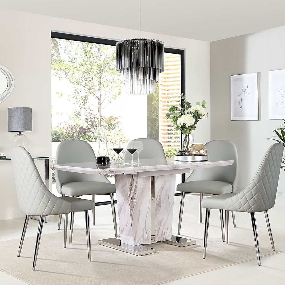 Vienna Extending Dining Table & 4 Ricco Chairs, Grey Marble Effect, Light Grey Premium Faux Leather & Chrome, 120-160cm