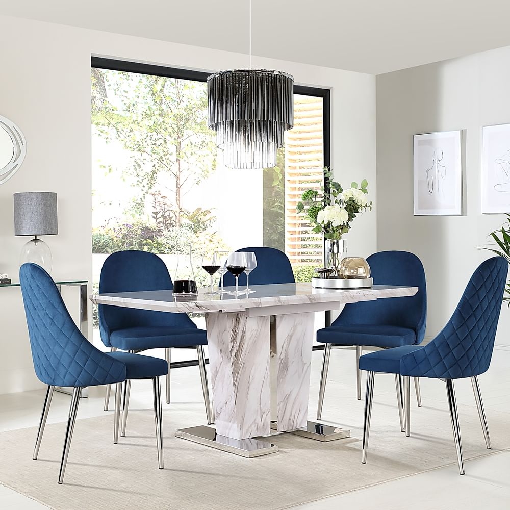 Vienna Extending Dining Table & 4 Ricco Chairs, Grey Marble Effect, Blue Classic Velvet & Chrome, 120-160cm
