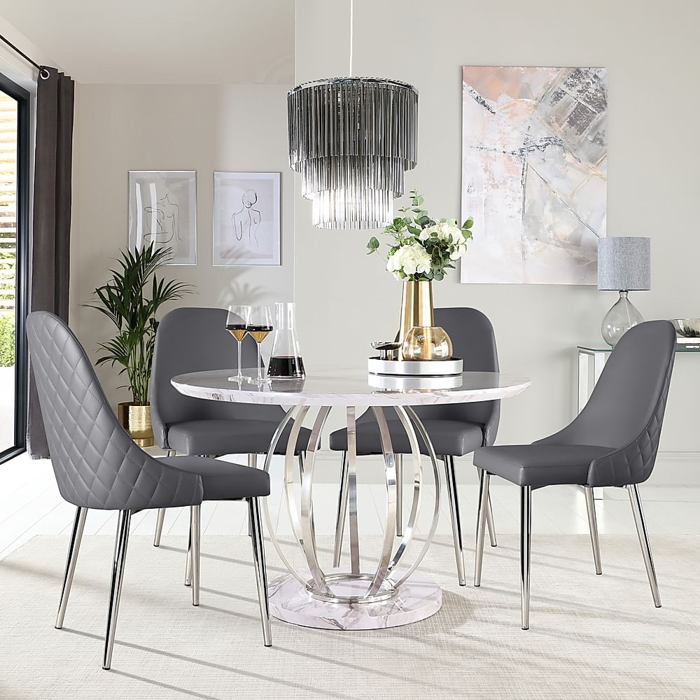 Savoy Round Dining Table & 4 Ricco Chairs, Grey Marble Effect & Chrome, Grey Premium Faux Leather, 120cm