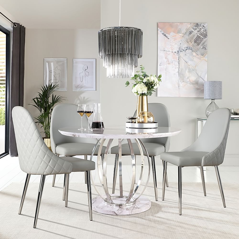 Savoy Round Dining Table & 4 Ricco Chairs, Grey Marble Effect & Chrome, Light Grey Premium Faux Leather, 120cm