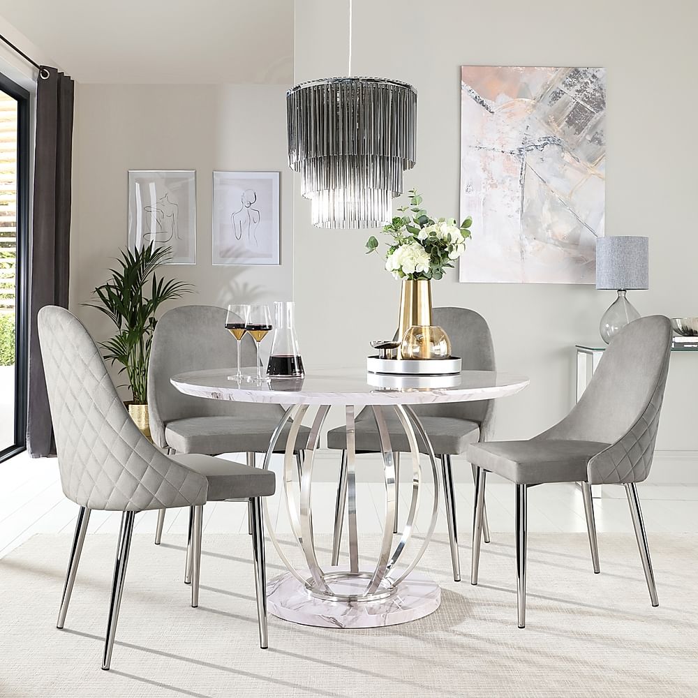 Savoy Round Dining Table & 4 Ricco Chairs, Grey Marble Effect & Chrome, Grey Classic Velvet, 120cm